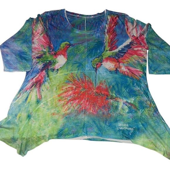 Leoma Lovegrove Multicolor Hummingbirds Wearable Art 3/4 Sleeve Top Ladies Large - Picture 1 of 11